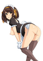 Rule 34 | 00s, 1girl, :o, absurdres, apron, bent over, breasts, brown eyes, brown hair, collar, contrapposto, female focus, garter straps, gloves, hairband, haruhisky, highres, large breasts, leaning forward, legs up, looking at viewer, maid, maid apron, maid headdress, nipples, pussy, ribbon, short hair, suzumiya haruhi, suzumiya haruhi no yuuutsu, thighhighs pull, uncensored
