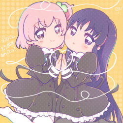 Rule 34 | 2girls, anniversary, artist name, assault lily, black skirt, black thighhighs, blush, brown eyes, buttons, cheek-to-cheek, chibi, closed mouth, clover hair ornament, commentary, cowboy shot, cropped jacket, four-leaf clover hair ornament, frilled skirt, frills, hair ornament, halftone, halftone background, hand up, head tilt, heads together, heart, heart of string, high-waist skirt, highres, hitotsuyanagi riri, holding hands, juliet sleeves, kona (575 dayo), leg ribbon, leg up, long hair, long sleeves, looking at viewer, miniskirt, multiple girls, neck ribbon, no shoes, one side up, orange background, palms together, parted lips, pink hair, puffy sleeves, purple eyes, purple hair, ribbon, school uniform, shirai yuyu, short hair, sidelocks, signature, skirt, smile, sparkling eyes, standing, standing on one leg, thigh ribbon, thighhighs, translated, very long hair, white thighhighs, yuri, yurigaoka girls academy school uniform