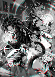 Rule 34 | 2boys, body fur, closed mouth, commentary request, dragon ball, dragon ball gt, dragonball z, energy ball, gogeta, greyscale, highres, long hair, looking at viewer, male focus, monkey tail, monochrome, mugetsu2501, multiple boys, muscular, muscular male, pants, smile, super saiyan, super saiyan 4, tail