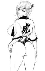 Rule 34 | 1girl, ass, back, breasts, breasts out, cleavage, cowboy shot, female focus, fundoshi, gender request, genderswap, hachimaki, hands on own hips, headband, huge ass, japanese clothes, large breasts, monochrome, open clothes, open shirt, parted lips, richard (tales), simple background, sketch, solo, standing, tales of (series), tales of graces, thong, usagi nagomu, white background