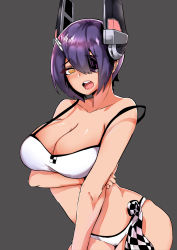 Rule 34 | 10s, 1girl, :o, bare shoulders, bikini, breasts, brown eyes, cleavage, grey background, highres, kantai collection, large breasts, looking at viewer, norman maggot, open mouth, purple hair, short hair, simple background, solo, strap slip, swimsuit, teeth, tenryuu (kancolle), white bikini