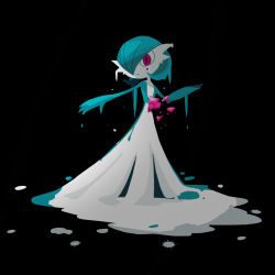 Rule 34 | 1girl, alternate color, black background, blue hair, blue skin, broken, colored skin, creatures (company), crying, dripping, female focus, flat chest, full body, game freak, gardevoir, gen 3 pokemon, hair over one eye, hand up, highres, looking at viewer, multicolored skin, nintendo, one eye covered, outstretched arm, parted lips, pokemon, pokemon (creature), red eyes, rve, shatter, shiny pokemon, short hair, simple background, solo, splatter, standing, tears, two-tone skin, white skin