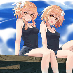 Rule 34 | 2girls, :d, alternate costume, alternate hairstyle, arm support, blue sky, blurry, breasts, casual, cleavage, cloud, cloudy sky, collarbone, commentary request, contemporary, crossover, denim, denim shorts, depth of field, djeeta (granblue fantasy), flower, genshin impact, granblue fantasy, hair between eyes, hair bun, hair flower, hair ornament, head tilt, highres, light brown hair, looking at viewer, lumine (genshin impact), maxwelzy, medium breasts, multiple girls, open mouth, short hair, short hair with long locks, short shorts, shorts, sidelocks, single side bun, sitting, sky, sleeveless, smile, spaghetti strap, trait connection, yellow eyes