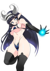 Rule 34 | 1girl, bad id, bad pixiv id, bare shoulders, bikini, black thighhighs, blue eyes, blue hair, breasts, cameltoe, cleavage, covered erect nipples, elbow gloves, energy ball, female focus, gloves, groin, headdress, highleg, highleg bikini, highres, horns, large breasts, long hair, magic, matching hair/eyes, navel, open mouth, original, pointy ears, ribs, simple background, smile, solo, string bikini, swimsuit, tennen0201, thighhighs, thighs, underboob