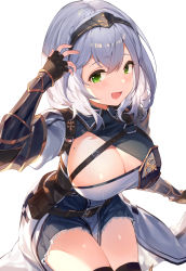 Rule 34 | 1girl, :d, absurdres, arm guards, belt, black thighhighs, breasts, cleavage, cleavage cutout, clothing cutout, eyelashes, green eyes, grey hair, hana mori, headband, highres, hololive, huge breasts, large breasts, mole, mole on breast, open mouth, shirogane noel, shirogane noel (1st costume), short hair, simple background, smile, solo, thighhighs, thighs, virtual youtuber, white background