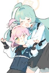 2girls ahoge aqua_hair black_gloves black_skirt black_vest blue_archive blush closed_eyes collared_shirt fingerless_gloves gloves halo hand_on_another&#039;s_head highres hoshino_(blue_archive) hoshino_(first_year)_(blue_archive) hug long_hair long_sleeves multiple_girls necktie one_eye_closed open_mouth pink_hair sena_yuuta shirt short_hair skirt standing v-shaped_eyebrows vest white_background white_shirt yellow_eyes yume_(blue_archive)