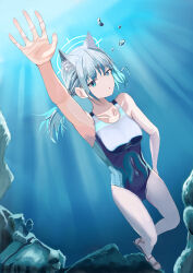 Rule 34 | 1girl, absurdres, adjusting hair, air bubble, animal ear fluff, animal ears, ass, barefoot, black one-piece swimsuit, blue archive, blue eyes, breasts, bubble, competition swimsuit, grey hair, highres, looking at viewer, medium breasts, one-piece swimsuit, shiroko (blue archive), shiroko (swimsuit) (blue archive), solo, submerged, swimming, swimsuit, underwater