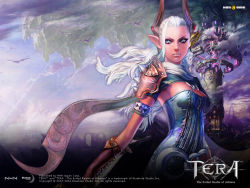 Rule 34 | 1girl, blue eyes, breasts, castanic, colored skin, horns, lips, red skin, solo, tera online, white hair
