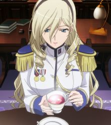 Rule 34 | 1girl, artist request, blonde hair, blue eyes, book, breasts, cabinet, carpet, character request, cup, desk lamp, floral print, headband, inkwell, lamp, large breasts, long hair, medal, military, military uniform, saucer, screencap, spoon, table, tagme, tea, teacup, uniform, walkure romanze, wooden table