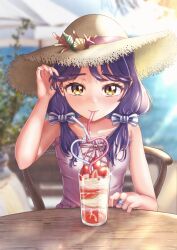 Rule 34 | 1girl, absurdres, akajiyuuki, blurry, blurry background, bow, brown eyes, chair, character request, check character, crazy straw, dress, drinking straw, food, fruit, hand up, hat, highres, jewelry, long hair, looking at viewer, precure, purple hair, purple nails, reflection, ring, sleeveless, sleeveless dress, solo, sparkle, straw hat, strawberry, strawberry slice, striped, striped bow, suzumura sango, tropical-rouge! precure, twintails