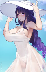 Rule 34 | 1girl, bare arms, bare shoulders, bikini, blunt bangs, blush, braid, breasts, cleavage, commentary, covered erect nipples, dress, english commentary, genshin impact, hat, highres, hioyami, large breasts, large hat, long hair, looking at viewer, low-braided long hair, low-tied long hair, mole, mole under eye, outdoors, parted lips, patreon username, purple eyes, purple hair, raiden shogun, see-through, sleeveless, sleeveless dress, solo, sun hat, swimsuit, white bikini, white dress, white hat