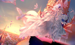Rule 34 | 1girl, bare shoulders, bird, blue flower, bouquet, breasts, bronya zaychik, choker, city, dress, drill hair, elbow gloves, flower, ginklaga, gloves, high heels, highres, holding, holding bouquet, honkai (series), honkai impact 3rd, long hair, looking at viewer, medium breasts, outdoors, scenery, shoes, silver hair, skirt hold, solo, thighhighs, wedding dress, white choker, white footwear, white gloves, white thighhighs