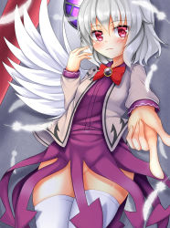 Rule 34 | 1girl, angel wings, blush, bow, brooch, daichi (tokoya), dress, feathers, groin, highres, jacket, jewelry, kishin sagume, long sleeves, looking at viewer, no panties, open clothes, open jacket, outstretched hand, pink eyes, purple dress, see-through, short dress, silver hair, single wing, solo, thighhighs, tokoya, touhou, white thighhighs, wings
