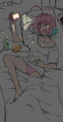 Rule 34 | 1girl, absurdres, ahoge, barefoot, bed sheet, blue hair, bottle, breasts, cellphone, charging device, cleavage, closed eyes, collarbone, commentary, darkness, electric plug, fang, groin tendon, hair intakes, hand on own stomach, handheld game console, head on pillow, highres, holding, holding phone, huge ahoge, idolmaster, idolmaster cinderella girls, multicolored hair, no pants, on bed, open mouth, panties, phone, pink hair, pink panties, power strip, shirt, short hair, short sleeves, single bare shoulder, sketch, sleeping, smartphone, solo, thighs, two-tone hair, underwear, wasabijoyu76, white shirt, yumemi riamu