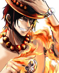 Rule 34 | 1boy, absurdres, black hair, fire, freckles, hat, highres, holding, holding clothes, holding hat, jewelry, male focus, muu started drawing, necklace, one piece, pointing, portgas d. ace, red eyes, simple background, smile, solo, topless male, white background