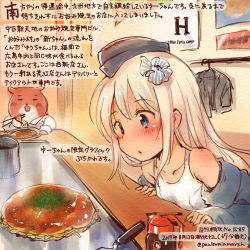 Rule 34 | 10s, 1girl, admiral (kancolle), animal, blonde hair, blue eyes, blush, chopsticks, collarbone, colored pencil (medium), commentary request, dated, food, garrison cap, hamster, hat, holding, holding chopsticks, kantai collection, kirisawa juuzou, long hair, non-human admiral (kancolle), numbered, okonomiyaki, one-piece swimsuit, school swimsuit, swimsuit, swimsuit under clothes, traditional media, translation request, twitter username, u-511 (kancolle), white one-piece swimsuit, white school swimsuit