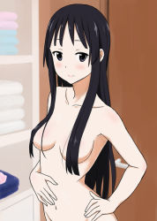 Rule 34 | 00s, 1girl, akiyama mio, black hair, blush, breasts, closed mouth, convenient censoring, door, hair censor, hair over breasts, hand on own hip, k-on!, long hair, looking at viewer, medium breasts, navel, nude, out-of-frame censoring, purple eyes, solo, standing, towel, tsukkun