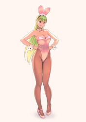 Rule 34 | 1girl, animal ears, bare shoulders, black eyes, blunt bangs, bow, bowtie, breasts, brown pantyhose, collarbone, commentary request, detached collar, fake animal ears, full body, green hair, groin, hand on own hip, high heels, highleg, highres, legs, leotard, long hair, looking at viewer, original, pantyhose, parted lips, pink bow, pink leotard, playboy bunny, rabbit ears, rabbit tail, simple background, smile, solo, strapless, strapless leotard, tail, very long hair, wrist cuffs, yuuji (and)