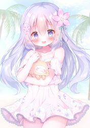Rule 34 | 1girl, :d, animal, bare shoulders, beach, blue eyes, blush, cowboy shot, dog, dress, flower, hair flower, hair ornament, hanasakichu, highres, long hair, looking at viewer, open mouth, original, outdoors, palm tree, smile, solo, tree, white dress
