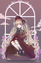 Rule 34 | 199993, 1girl, blonde hair, blue eyes, bonnet, closed mouth, cloud, dress, drill hair, expressionless, flower, highres, long hair, looking to the side, pink flower, pink rose, red dress, rose, rozen maiden, shinku, solo, twintails