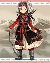 Rule 34 | 1girl, amira, black hair, blouse, blue footwear, boots, braid, brown eyes, closed mouth, full body, head scarf, jewelry, long hair, long sleeves, looking at viewer, multiple braids, necklace, otoyomegatari, red shirt, sash, shirt, smile, solo, sunameri oishii, traditional clothes