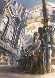 Rule 34 | 1girl, city, humanoid robot, k kanehira, robot, scenery, science fiction, sitting, solo focus, suitcase