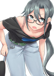 Rule 34 | 1girl, absurdres, amagiri (kancolle), anchor, belt, black shirt, blush, breasts, casual, denim, downblouse, eyes visible through hair, glasses, grey hair, hair between eyes, hat, unworn hat, unworn headwear, highres, holding, holding clothes, holding hat, jeans, kantai collection, kiritto, leaning forward, long hair, official alternate costume, open mouth, pants, ponytail, shirt, simple background, small breasts, solo, sweat, t-shirt, wet, white background