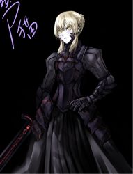 Rule 34 | 1girl, armor, armored dress, artoria pendragon (fate), blonde hair, dress, excalibur morgan (fate), fate/stay night, fate (series), hand on own hip, hip focus, kabaneneko, pale skin, saber (fate), saber alter, solo, yellow eyes