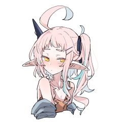 Rule 34 | 1girl, ahoge, azuma shino, bare shoulders, blue hair, blush, closed mouth, horns, huge ahoge, long pointy ears, looking at viewer, multicolored hair, orange eyes, original, pink hair, pointy ears, repi (azuma shino), simple background, single horn, solo, spaghetti strap, streaked hair, two-tone hair, upper body, white background