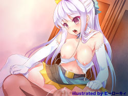 Rule 34 | 1boy, 1girl, ^^^, artist name, bare shoulders, blush, bra, bra pull, breasts, censored, clothes pull, cum, cum in pussy, drooling, elbow gloves, girl on top, gloves, hetero, kii (theory), large breasts, midriff, mosaic censoring, navel, nipples, open mouth, original, penis, purple eyes, purple hair, saliva, sex, sweat, thighhighs, underwear, white gloves, white thighhighs