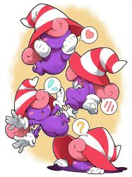 Rule 34 | 1girl, ?, blush, blush stickers, colored skin, flying sweatdrops, ghost, ghost tail, gloves, hat, heart, highres, long hair, mario (series), multiple views, nintendo, no humans, open mouth, paper mario, paper mario: the thousand year door, pink hair, purple skin, simple background, smile, spoken blush, spoken flying sweatdrops, spoken heart, spoken question mark, striped clothes, striped headwear, tokkyuu mikan, vivian (paper mario), white gloves, witch hat
