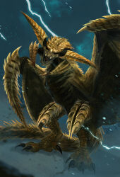 bearluxe claws dragon dragon_tail electricity gold_scales highres horns monster monster_focus monster_hunter_(series) monster_hunter_wilds multiple_horns no_humans open_mouth rey_dau scales sharp_teeth spiked_wings tail teeth wyvern