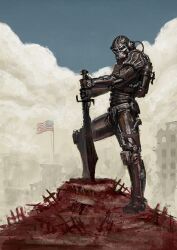 Rule 34 | 1boy, american flag, armor, backpack, bag, blue sky, cityscape, cloud, cloudy sky, fallout (series), fallout 4, hill, looking at viewer, power armor, rotaken, sky, sole survivor (male), solo, sword, weapon