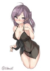 Rule 34 | 10s, 1girl, ahoge, alternate costume, bad id, bad twitter id, bare arms, bare shoulders, black panties, blush, breasts, cleavage, collarbone, covered erect nipples, cowboy shot, cropped legs, ebifurya, eyebrows, gluteal fold, hagikaze (kancolle), hand on own chest, highres, inactive account, kantai collection, long hair, looking at viewer, medium breasts, nightgown, no bra, one side up, open mouth, panties, purple eyes, purple hair, see-through, simple background, solo, sweat, thigh gap, twitter username, underwear, white background