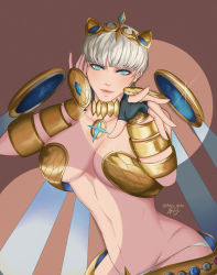 Rule 34 | 1girl, arm wrap, bikini, bikini bottom only, breasts, capelet, choker, cleopatra (majo taisen chronicle), commentary request, earrings, floating, floating object, from below, hair ornament, highres, jewelry, large breasts, looking at viewer, majo taisen chronicle, navel, open mouth, short hair, smile, solo, strapless, swimsuit, thighhighs, tube top, underboob, upper body, white hair, yellow eyes