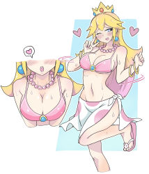 Rule 34 | 1girl, absurdres, bare shoulders, bikini, blonde hair, blue background, blue eyes, blush, bracelet, breasts, cleavage, close-up, collarbone, crown, earrings, heart, heart-shaped pupils, highres, jewelry, large breasts, long hair, mario (series), multiple views, navel, necklace, nintendo, one eye closed, open mouth, pearl necklace, pink bikini, princess peach, princess peach (swimwear), simple background, slippers, smile, spoken heart, standing, standing on one leg, super mario odyssey, swimsuit, symbol-shaped pupils, teeth, upper teeth only, v, wet, white-stew, white background, wink