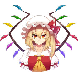 Rule 34 | 1girl, ascot, blonde hair, breasts, cibo (killy), cropped torso, crystal, flandre scarlet, hair between eyes, hat, highres, looking at viewer, medium breasts, mob cap, nostrils, one side up, puffy short sleeves, puffy sleeves, red eyes, short sleeves, simple background, slit pupils, solo, touhou, upper body, white background, wings, yellow ascot