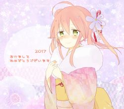 Rule 34 | 1girl, 2017, ahoge, akeome, bad id, bad twitter id, blush, commentary request, flower, flower knight girl, fuchsia (flower knight girl), green eyes, hair flower, hair ornament, happy new year, japanese clothes, kimono, long hair, looking at viewer, new year, paradoxical-ky, pink hair, saffron (flower knight girl), smile, solo, translation request