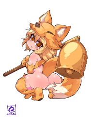 Rule 34 | 1girl, absurdres, animal feet, animal hands, ass, bell, blonde hair, blush, bottomless, breasts, brown eyes, commentary request, commission, fox girl, fox hat, fox tail, fukurou (owl222), full body, highres, holding, holding staff, looking at viewer, looking back, medium breasts, medium hair, moonlight flower, open mouth, partially visible vulva, ragnarok online, second-party source, signature, simple background, skeb commission, solo, squatting, staff, tail, white background