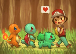 Rule 34 | 1boy, :d, baseball cap, black eyes, blue eyes, blush, brown hair, bulbasaur, charmander, commentary, creature, creatures (company), day, english commentary, fiery tail, fire, following, from side, full body, game freak, gen 1 pokemon, grass, hat, heart, highres, looking at another, male focus, nintendo, open mouth, outdoors, pokemon, pokemon (creature), pokemon following person, pokemon frlg, profile, red (pokemon), red eyes, red headwear, ry-spirit, signature, smile, spoken heart, squirtle, starter pokemon trio, tail, tree, walking