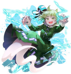 Rule 34 | 1girl, black hat, blush, character name, cross-laced clothes, dress, electricity, fang, ghost tail, green dress, green eyes, green hair, hat, long sleeves, ofuda, ofuda on clothes, open mouth, short hair, simple background, skin fang, smile, soga no tojiko, solo, syuri22, tate eboshi, touhou, white background
