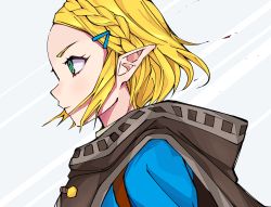 Rule 34 | 1girl, absurdres, blonde hair, blue jacket, braid, cape, commentary request, crown braid, from side, green eyes, hair ornament, hairclip, highres, jacket, nintendo, nyokki763, parted bangs, pointy ears, princess zelda, short hair, simple background, solo, the legend of zelda, the legend of zelda: breath of the wild, the legend of zelda: tears of the kingdom, thick eyebrows, upper body, white background