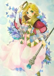 Rule 34 | 1girl, acrylic paint (medium), aelinore (dragon&#039;s dogma), blonde hair, blush, braid, breasts, bug, butterfly, capelet, cleavage, cosplay, crown, dragon&#039;s dogma, dragon&#039;s dogma (series), dress, flower, gem, gown, green eyes, highres, insect, lips, long dress, long hair, ouri (xxxbobxxx), painting (medium), pawn (dragon&#039;s dogma), scepter, side braid, solo, traditional media