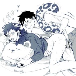 Rule 34 | 2022, 2boys, :q, ahegao, animal ears, arm tattoo, ass, bed, blush, bottomless, censored, chest tattoo, commentary request, dated, demorzel, earrings, facial hair, facial scar, fangs, goatee, hand tattoo, highres, hugging object, jewelry, leopard boy, leopard ears, leopard tail, looking at another, monkey d. luffy, multiple boys, navel, on bed, one piece, open mouth, penis, pillow, pillow hug, scar, scar on cheek, scar on face, sex, short hair, spooning, tail, tattoo, toned, toned male, tongue, tongue out, topless male, trafalgar law, yaoi