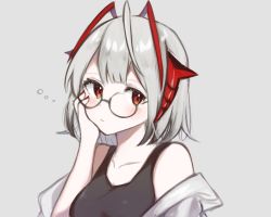 Rule 34 | 1girl, antenna hair, arknights, bare shoulders, black tank top, blush, closed mouth, demon horns, glasses, grey background, horns, multicolored hair, nano mochi, off shoulder, orange eyes, red hair, short hair, silver hair, simple background, solo, tank top, w (arknights)