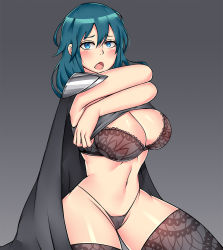 Rule 34 | 1girl, black bra, blue eyes, blush, bob (bobtheneet), bra, breasts, byleth (female) (fire emblem), byleth (fire emblem), cape, cleavage, clothes lift, fire emblem, fire emblem: three houses, green hair, grey background, highres, lace, large breasts, long hair, looking at viewer, navel, nintendo, open mouth, shirt lift, solo, stomach, thick thighs, thighhighs, thighs, thong, underwear, undressing