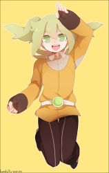 Rule 34 | 1boy, bad id, bad pixiv id, dated, fei rune, fingerless gloves, gloves, green eyes, green hair, inazuma eleven (series), inazuma eleven go, inazuma eleven go chrono stone, male focus, matching hair/eyes, open mouth, shouen kigashi, signature, simple background, solo