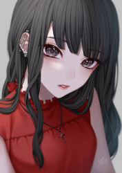 Rule 34 | 1girl, bare shoulders, black eyes, black hair, blunt bangs, blurry, breasts, cross, cross necklace, depth of field, ear piercing, earrings, eyelashes, frilled shirt collar, frills, grey background, highres, jewelry, long hair, looking at viewer, looking up, necklace, original, parted lips, piercing, red lips, red shirt, safety pin, saijou yurika, screw, shirt, signature, simple background, sleeveless, sleeveless shirt, solo, upper body