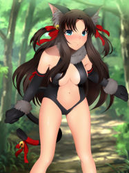 Rule 34 | 1girl, absurdres, animal ears, animal hands, bare legs, bare shoulders, black hair, blush, breasts, cat ears, cat tail, cleavage, cleavage cutout, clothing cutout, cosplay, day, elbow gloves, embarrassed, fake animal ears, fake tail, fate/stay night, fate (series), forest, fur trim, gloves, green eyes, groin, hair between eyes, highres, legs, leotard, long hair, looking at viewer, nature, navel, official alternate costume, outdoors, revealing clothes, solo, standing, stomach, tail, thighs, tohsaka rin, tree, very long hair, yadokari genpachirou