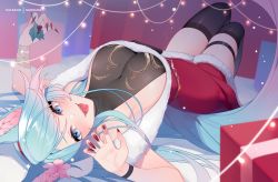Rule 34 | 1girl, animal ears, arched back, black thighhighs, blue eyes, blue hair, breasts, christmas, claw pose, claws, cleavage, fangs, halterneck, large breasts, leotard, lights, looking at viewer, lying, mistletoe, nail polish, nanoless, on back, open mouth, santa costume, silvervale, silvervale (christmas 2021), slit pupils, solo, tail, thick thighs, thigh strap, thighhighs, thighs, tongue, virtual youtuber, vshojo, wolf ears, wolf girl, wolf tail